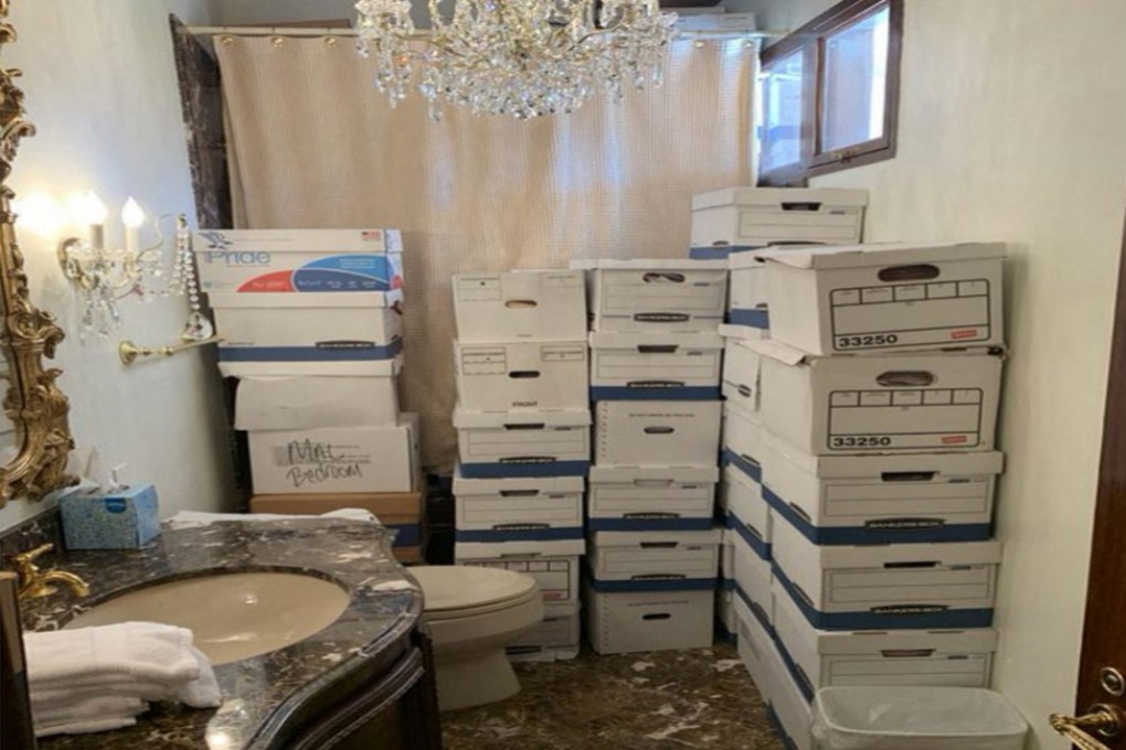 Stacks of boxes in a bathroom in the Lake Room at Mar-a-Lago, the Donald Trump’s private club. Photo: US Department of Justice