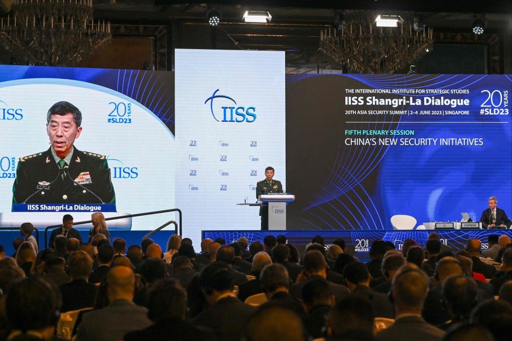 Li Shangfu delivers a speech during the Shangri-La Dialogue. Photo: AFP