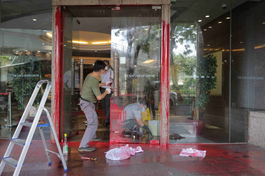 Red paint was poured on the glass door of a commercial building on Gloucester Road in Wan Chai. BYD’s showroom is next to the entrance. Photo: Jelly Tse