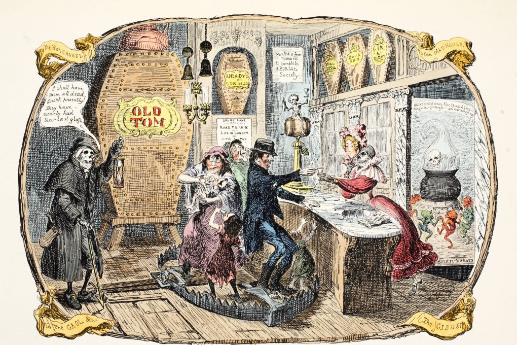 The Gin Shop, a hand-coloured engraving published in 1829. A gin craze had begun in London in the 18th century as a result of imports of the spirit, flavoured with juniper berries, that the Dutch called genever. That led to the launch of a more refined version, London’s Gin, and to the gin and tonic. Illustration: Getty Images