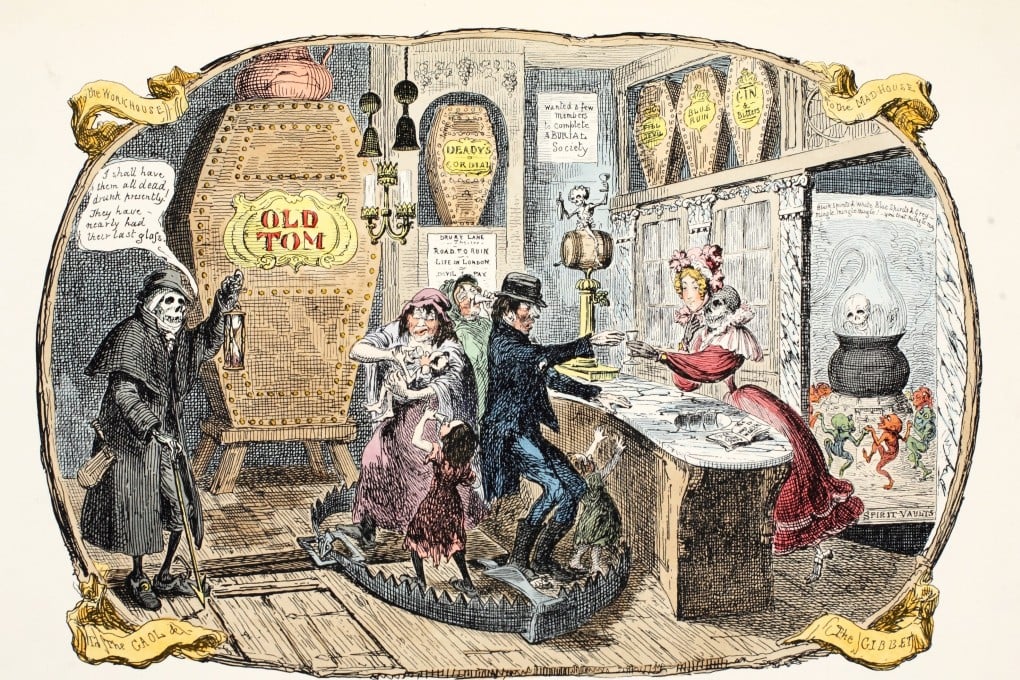 The Gin Shop, a hand-coloured engraving published in 1829. A gin craze had begun in London in the 18th century as a result of imports of the spirit, flavoured with juniper berries, that the Dutch called genever. That led to the launch of a more refined version, London’s Gin, and to the gin and tonic. Illustration: Getty Images