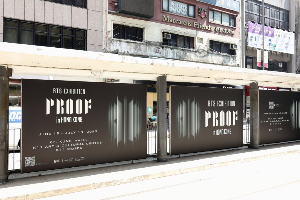 Billboards at a tram stop advertise the immersive BTS exhibition “Proof”, coming to Hong Kong for a month from June 16, which looks back at the past 10 years of the Korean supergroup. Photo: Elf Asia