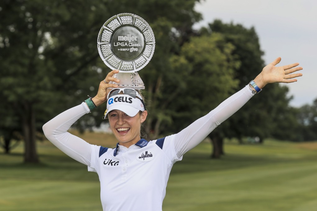 Nelly Korda of the US poses with the trophy after winning the LPGA Classic at the Blythefield Country Club in Belmont, Michigan. Photo: EPA-EFE