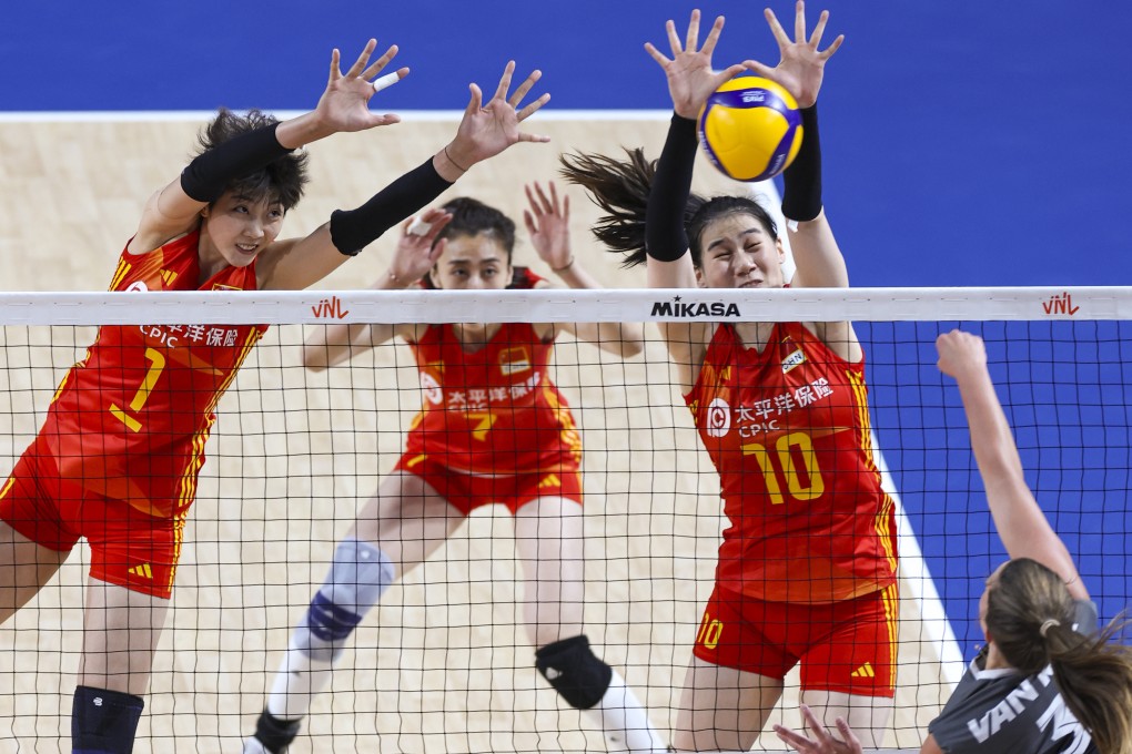 China’s Yuan Xinyue (left), Wang Yuanyuan and Wang Yunlu in action during their side’s FIVB Women’s Volleyball Nations League game against Canada at the Hong Kong Coliseum. Photo: Yik Yeung-man