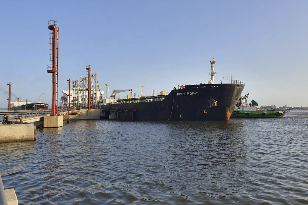 A Russian oil tanker carrying discounted crude is seen anchored at a port in Karachi on Sunday. Pakistan struck a deal with Moscow in April to buy cut-price oil, breaking ranks with US-led sanctions efforts. Photo: Karachi Port Trust via AP