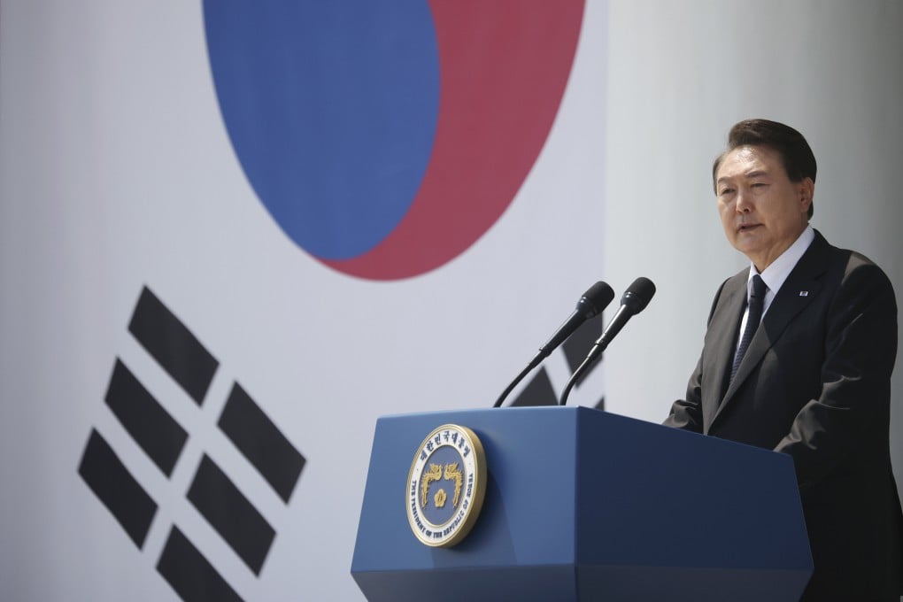 South Korean President Yoon Suk-yeol speaks at a ceremony marking the country’s 68th Memorial Day, commemorating those who died in military service during the Korean war, at the National Cemetery in Seoul on June 6. Photo: AP