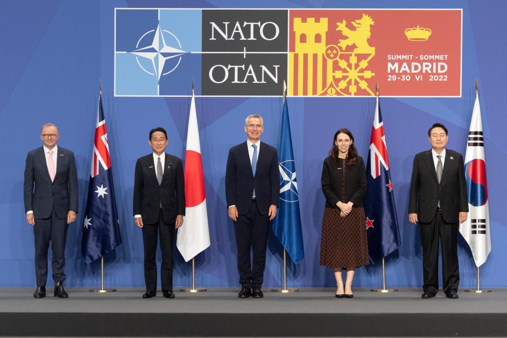 Leaders of Australia, Japan, New Zealand and South Korea with Nato chief Jens Stoltenberg (centre) during the bloc’s 2022 summit in Spain. Photo: Nato/dpa