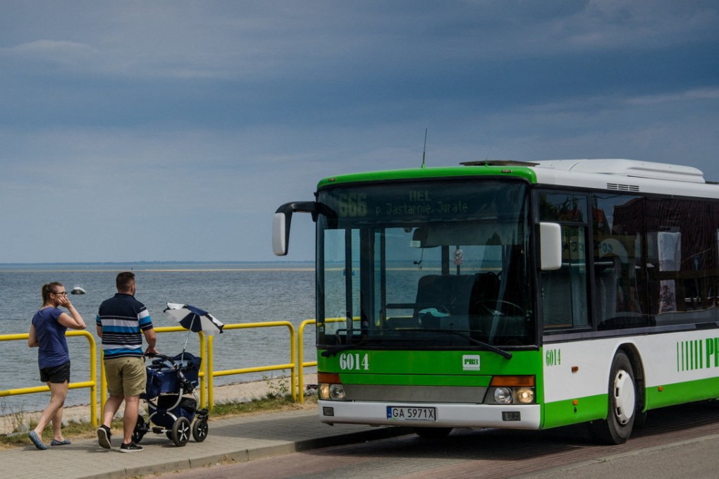 A local bus numbered 666, heading to Polish seaside resort Hel, is parked on the roadside in Rewa, Poland in June 2016. Photo: PKS Gdynia via Reuters