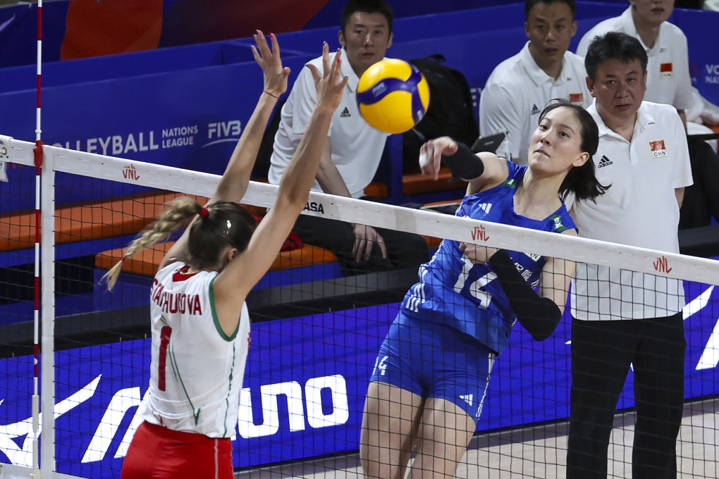 Zheng Yixin of China spikes the ball during the FIVB Women’s Volleyball Nations League game against Bulgaria at the Coliseum in Hung Hom. Photo: Yik Yeung-man