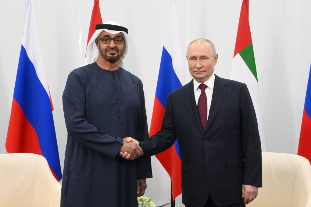 Russian President Vladimir Putin with UAE President Sheikh Mohamed bin Zayed al-Nahyan. Photo: AFP