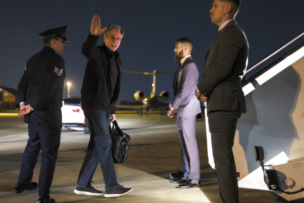 US Secretary of State Antony Blinken waves before boarding a plane for his travel to China, at Joint Base Andrews, Maryland, US on Friday. On Saturday, Blinken spoke separately to his South Korean and Japanese counterparts. Photo: Pool Photo via AP