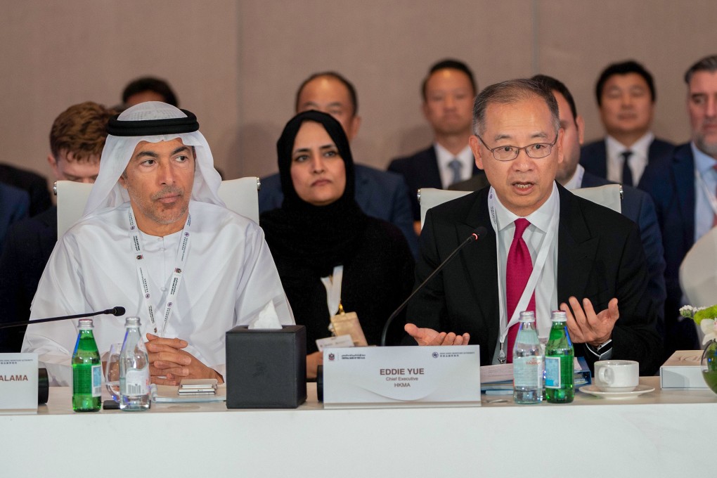 HKMA CEO Eddie Yue (right) met the UAE central bank governor Khaled Mohamed Balama (left) on May 29 during a visit to Abu Dhabi. Photo: Handout
