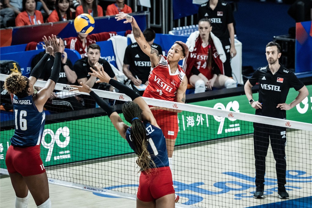 Melissa Vargas spikes the ball for Turkey against the Dominican Republic. Photo: Handout