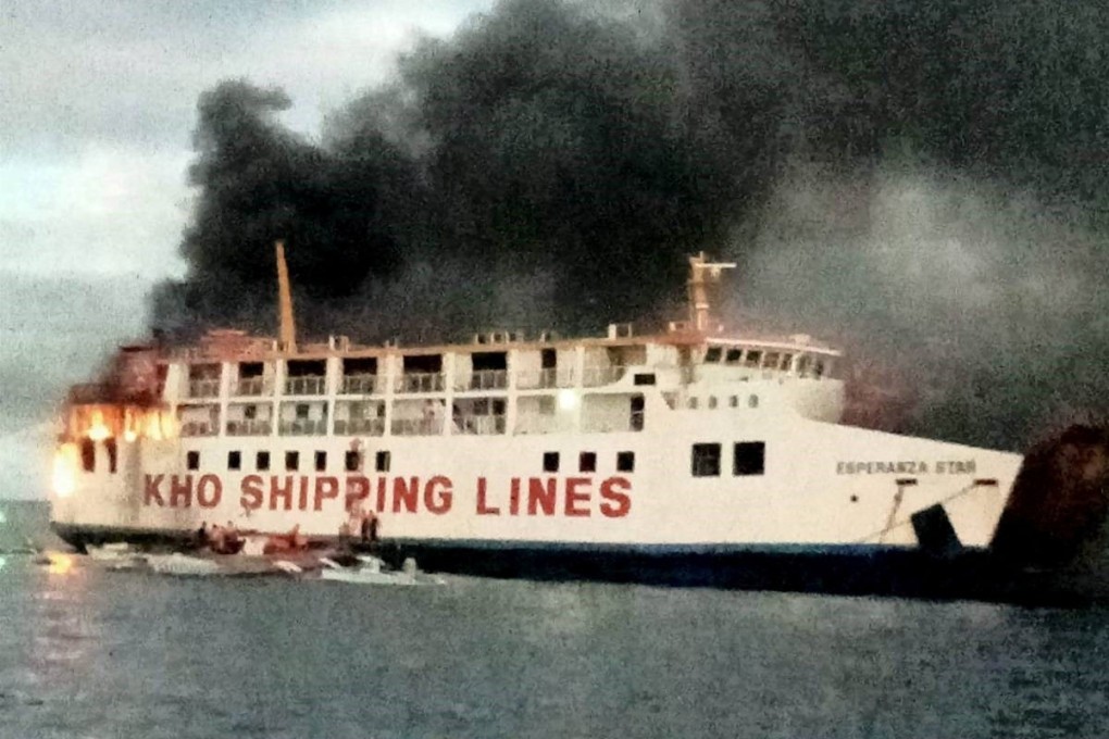 Smoke rises from a fire on board a ferry in Bohol, Philippines. Photo: Handout