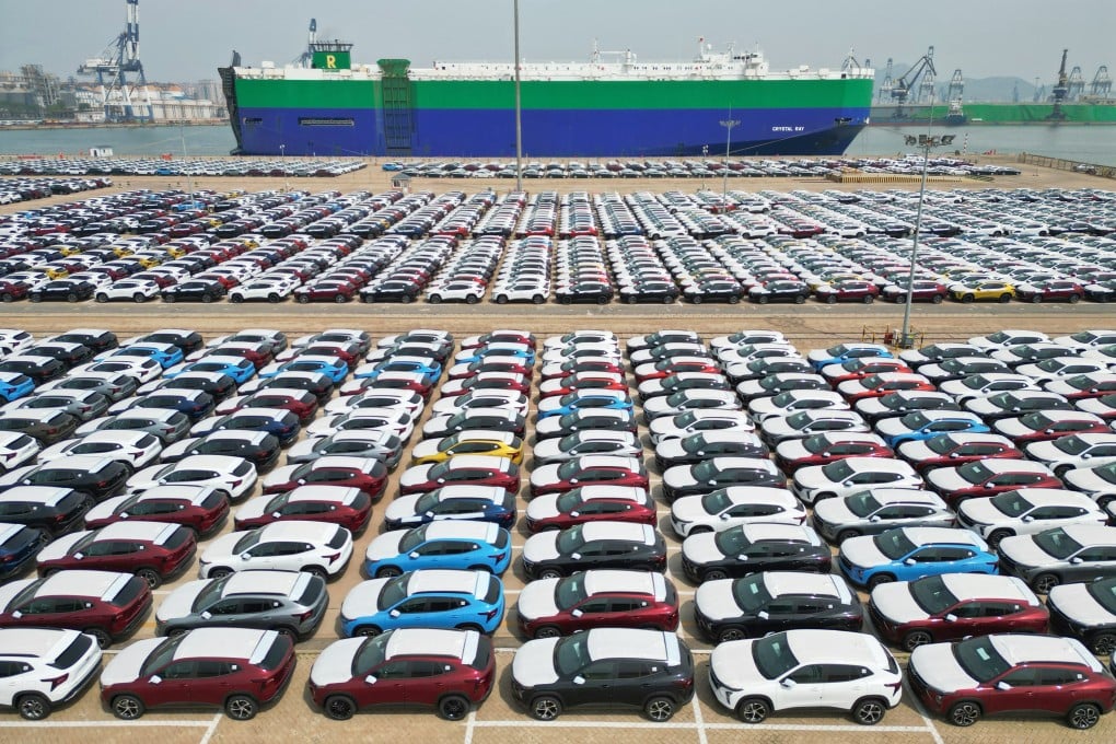 An aaerial photo shows cars to be loaded for export at Yantai Port in eastern Shandong province in May, 2023. Photo: Xinhua