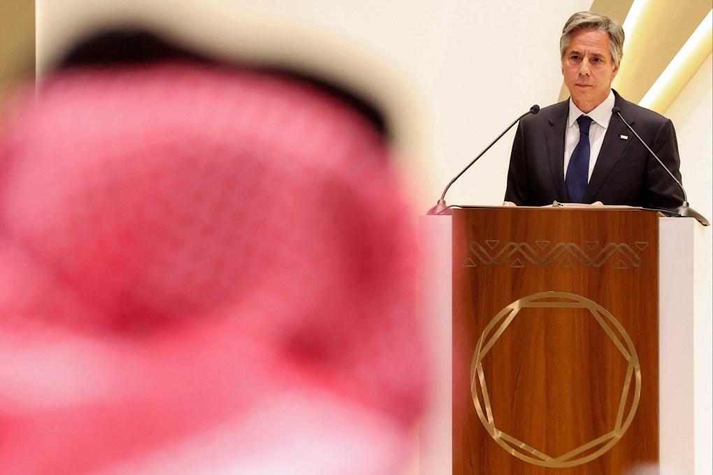 US Secretary of State Antony Blinken takes part in a joint press conference with the Saudi foreign minister Prince Faisal bin Farhan, in Riyadh, on June 8. Photo: AFP