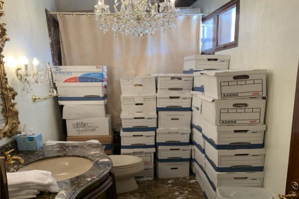 Stacks of boxes in a bathroom at Mar-a-Lago, Donald Trump’s private club. Photo: US Department of Justice