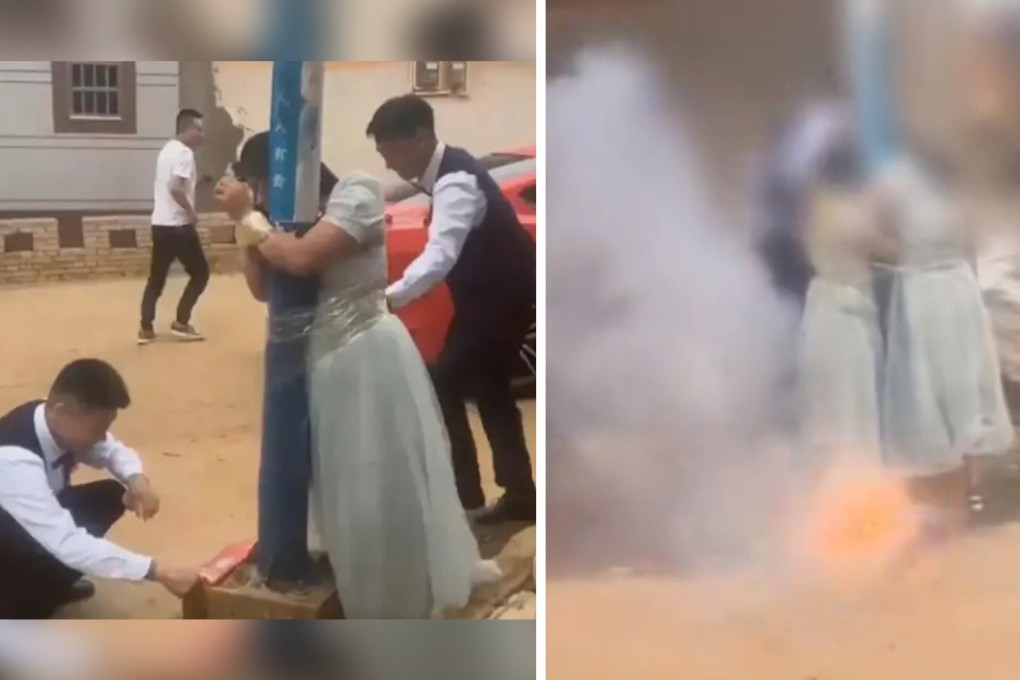 Video showing bridesmaids in China being tied to a lamp post before firecrackers are set off under their dresses in a wedding hazing prank has sparked outrage on mainland social media. Photo: SCMP composite