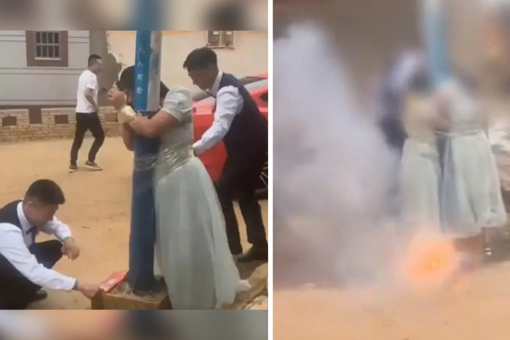 Video showing bridesmaids in China being tied to a lamp post before firecrackers are set off under their dresses in a wedding hazing prank has sparked outrage on mainland social media. Photo: SCMP composite