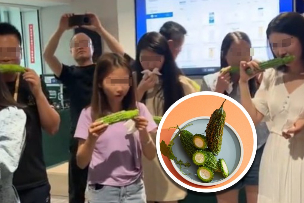 A company in China has come under fire on mainland social media for making staff eat raw bitter melon as a punishment for underperforming. Photo: SCMP composite/Douyin