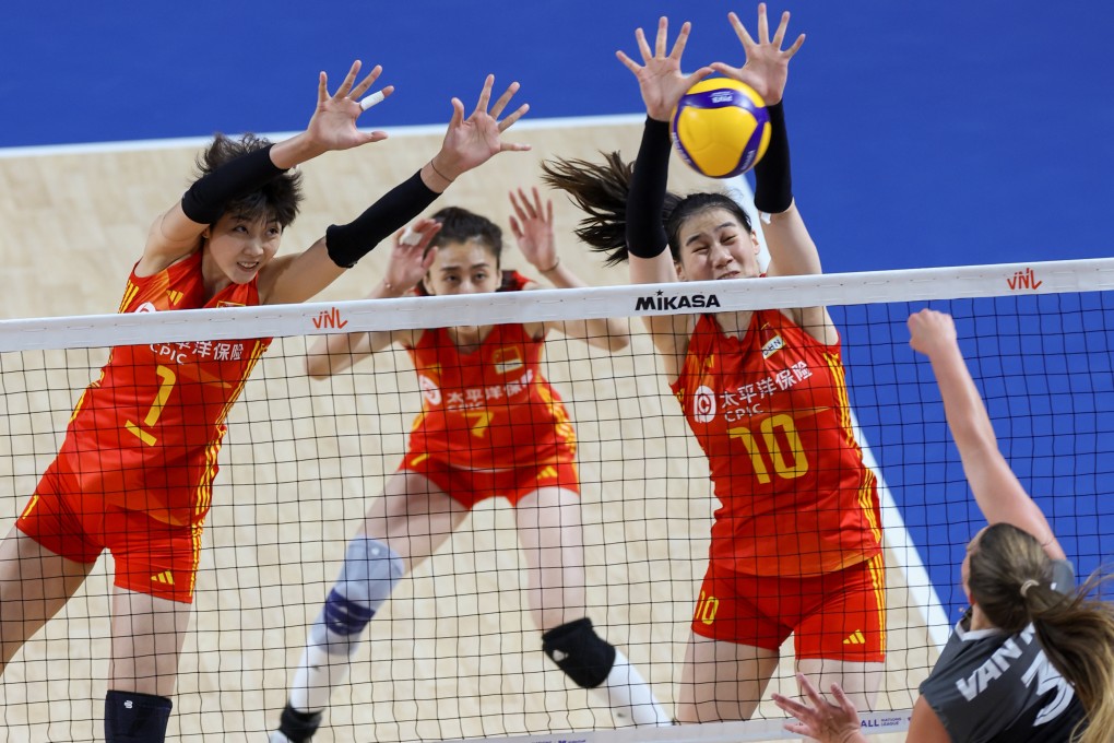 China’s Yuan Xinyue, Wang Yuanyuan and Wang Yunlu in action during their FIVB Women’s Volleyball Nations League game against Canada at the Hong Kong Coliseum. Photo: Yik Yeung-man