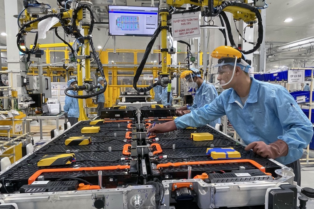 The automated Vinfast factory in Hai Phong where employees control the robots that put together electric vehicles, on July 26. Asean members like Vietnam are becoming more important parts of the electric vehicle and semiconductor supply chain. Photo: Getty Images