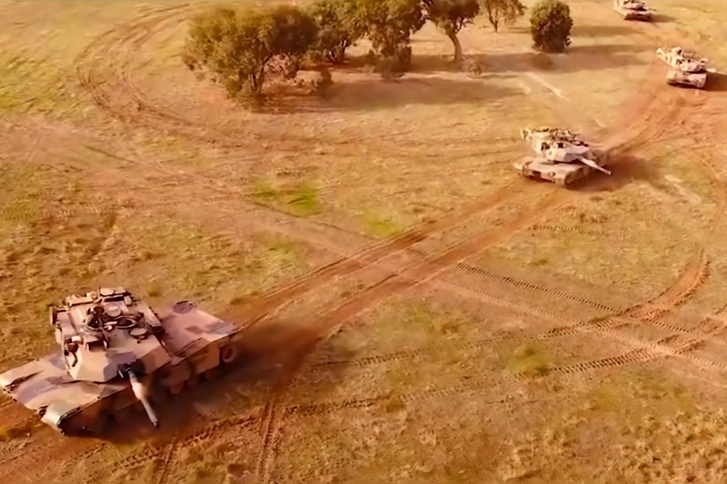 A still from a video posted to social media by Ukraine’s Defence Ministry urging Australia to send some of the 59 M1A1 Abrams tanks it acquired as “hand-me-downs” from the US in 2006. Photo: Twitter/@DefenceU