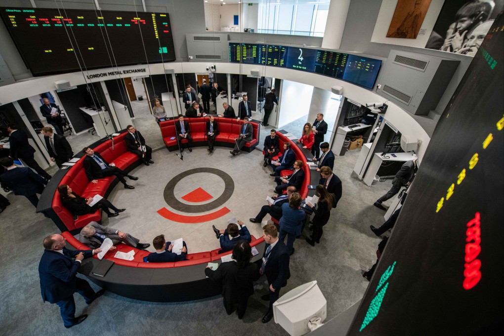 Traders, brokers and clerks on the trading floor of the open outcry pit at the London Metal Exchange in February 2022. Photo: Bloomberg