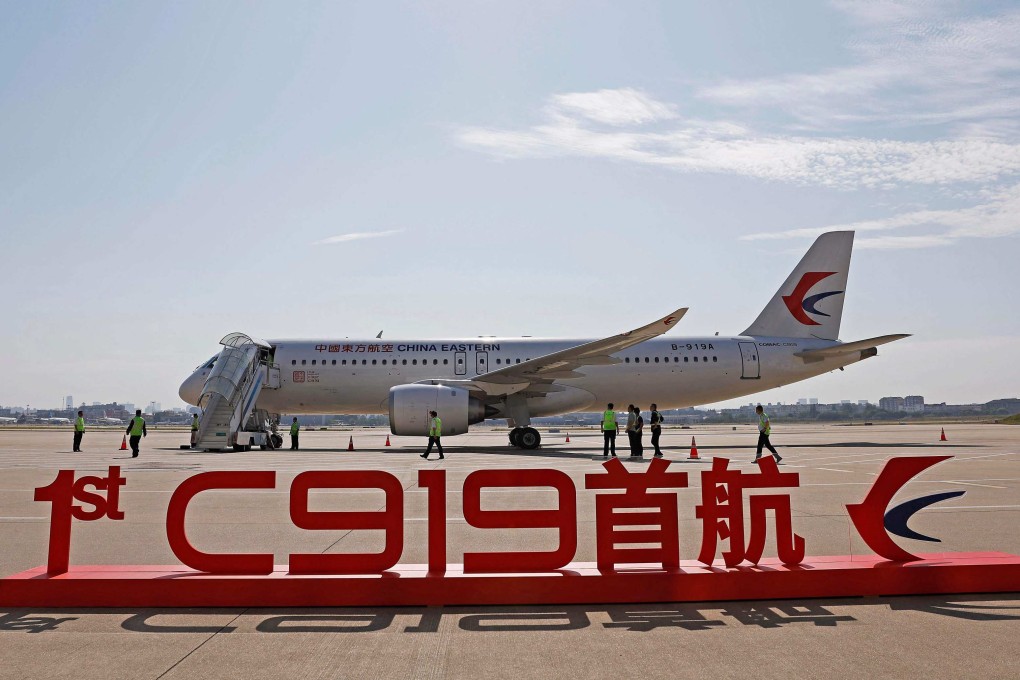 China’s first domestically produced passenger jet, the C919, is seen before a flight from Shanghai to Beijing at Shanghai Hongqiao Airport on May 28. Its first commercial flight was a milestone event in the nation’s decades-long effort to compete with Western rivals in aviation. Photo: AFP