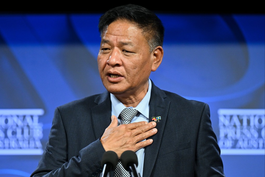 Penpa Tsering, head of an India-based organisation known as the Sikyong of the Central Tibetan Administration or Tibet’s government-in-exile, speaks at the National Press Club of Australia in Canberra on Wednesday. Photo: EPA-EFE