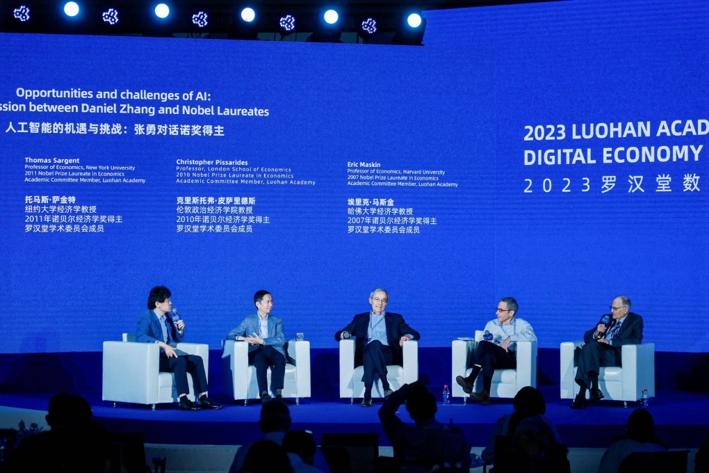 Alibaba CEO and chairman Daniel Zhang Yong (second left) discusses his views on AI with Nobel laureates Thomas Sargent, Christopher Pissarides and Eric Maskin. Photo: Handout