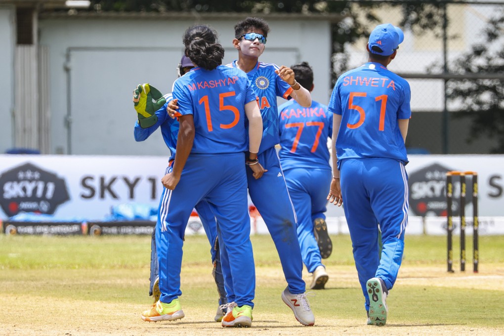 India A opener Mannat Kashyap (left) and captain Shweta Sehrawat celebrate a wicket during their ACC Women’s Emerging Teams Cup final against Bangladesh. Photo: Yik Yeung-man