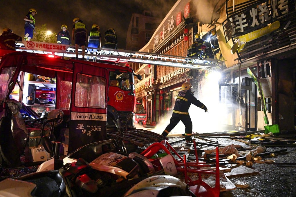 Firefighters at the scene of the shattered barbecue restaurant in Ningxia, China on Wednesday night. Photo: Xinhua