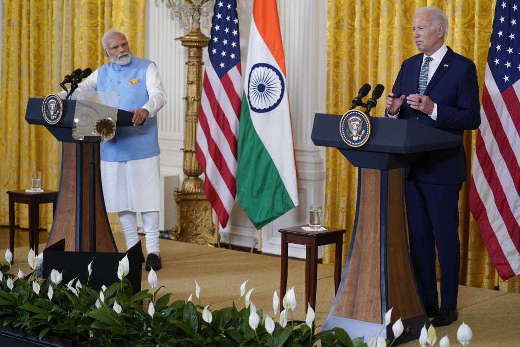 US President Joe Biden (right) speaks during a White House press conference alongside Indian Prime Minister Narendra Modi in Washington on Thursday. Photo: AP