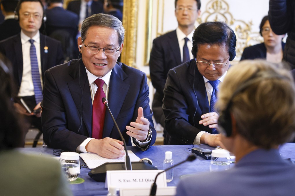 Chinese Premier Li Qiang speaks during a meeting with French Prime Minister Elisabeth Borne in Paris on Thursday. Photo: AP