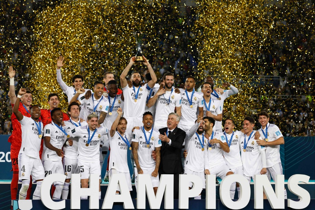 Real Madrid’s players celebrate with the trophy at the end of the Fifa Club World Cup final on February 11, 2023. Photo: AFP
