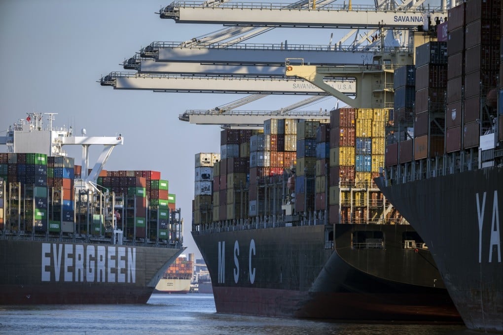 The container ship Ever Far (left) sails downriver, past the Georgia Ports Authority’s Port of Savannah, on September 29, 2021. Although the rhetoric of US-China decoupling has intensified, trade flows hit an all-time record of US$690.6 billion in 2022. Photo: AP