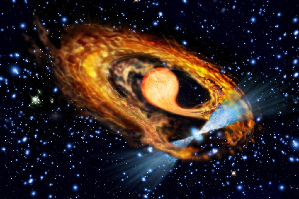 An artist’s impression of a pulsar (seen in blue with two radiation beams) and its bloated red companion star. Photo: European Space Agency
