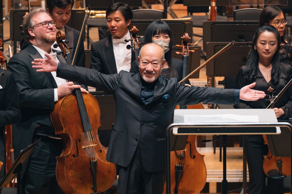 Japanese composer Joe Hisaishi, best known for writing soundtracks to Studio Ghibli’s animated films, receives applause after conducting the Hong Kong Philharmonic Orchestra in one of a series of concerts featuring his works in June 2023. Photo: Ka Lam / Hong Kong Phil