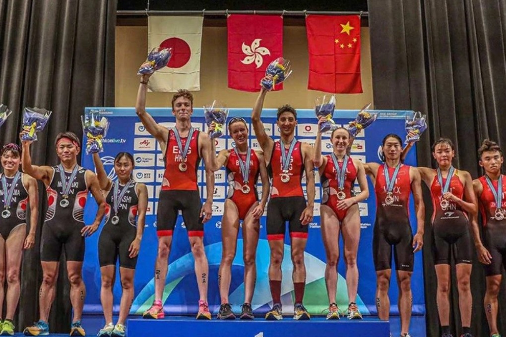 Hong Kong stand atop the podium after winning gold at the Asian Triathlon U23 and Junior Championships on Sunday in Japan. Photo: Handout