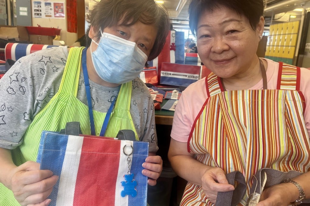 Wong Pui-wan (left), 66, and Connie Ku, 62, at a workshop organised by New Life Psychiatric Rehabilitation Association. The pair use Hong Kong’s iconic red, white and blue canvas to make items such as bags that are then sold. Photo: Kylie Knott