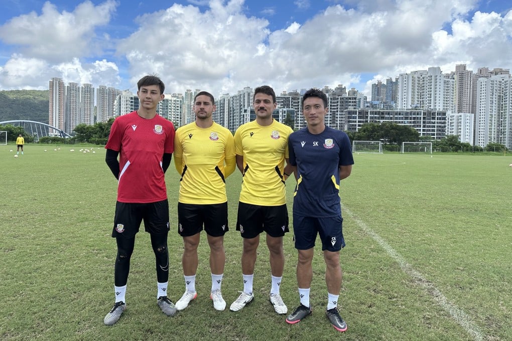 (From left) Poon Sheung-hei, Paulo Simionato and Luis Nunes are Lee Man’s new faces so far, pictured with coach Chu Siu-kei. Photo: Chan Kin-wa