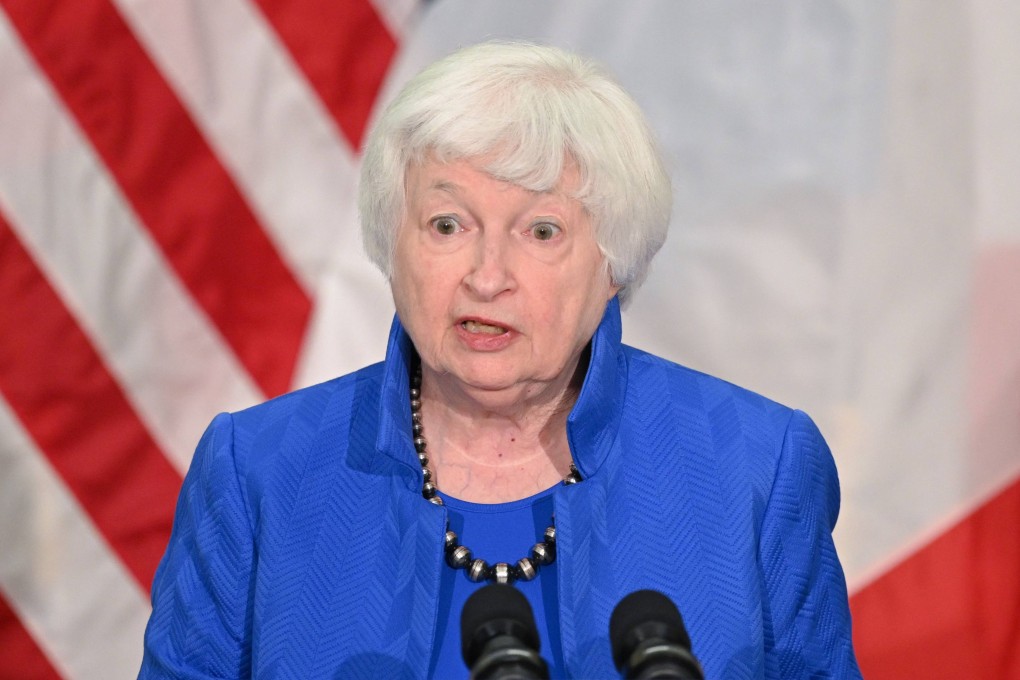 US Treasury Secretary Janet Yellen speaks during a press conference at the US embassy in Paris on Thursday. Photo: AFP