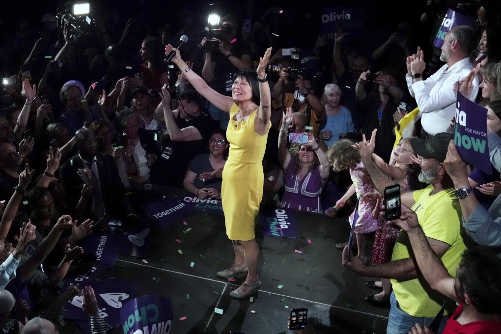Toronto’s newly-elected mayor Olivia Chow celebrates her win. Photo: AP