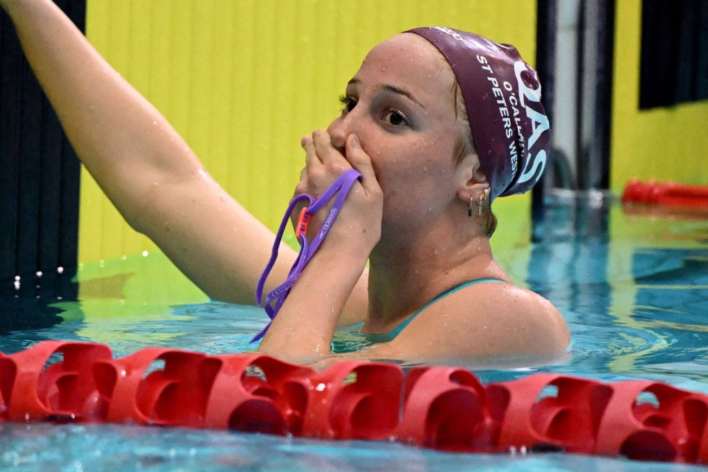 Mollie O’Callaghan, before her injury, wins the 200m freestyle at the Australian World Championship Trials this month. Photo: AFP