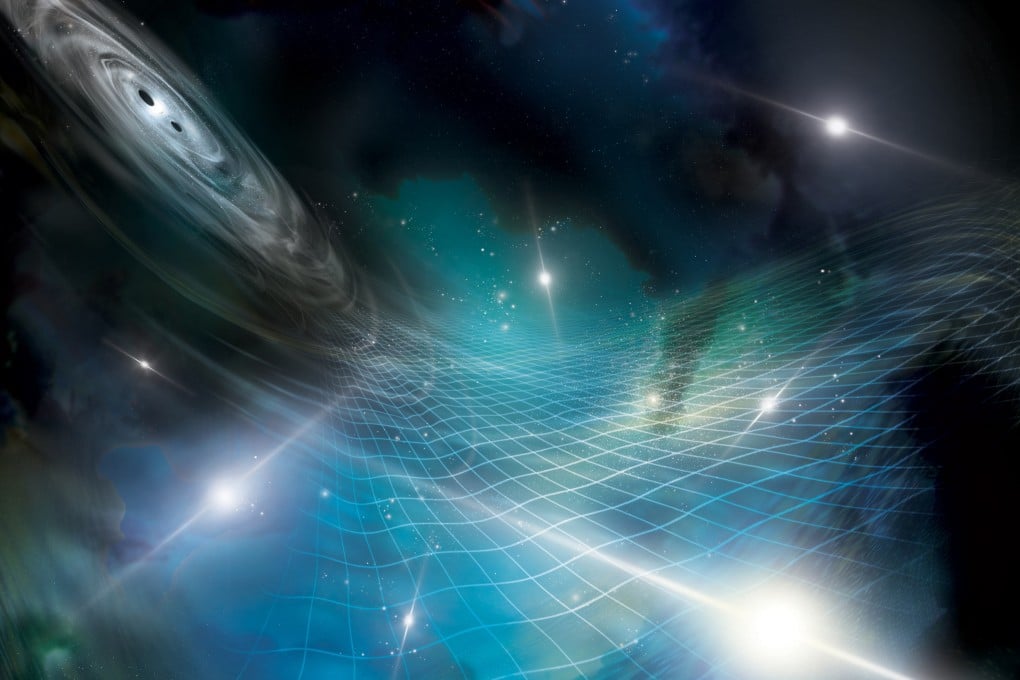 An artist’s interpretation of an array of pulsars being affected by gravitational ripples produced by a supermassive black hole binary in a distant galaxy. Photo: Aurore Simonnet for the NANOGrav Collaboration