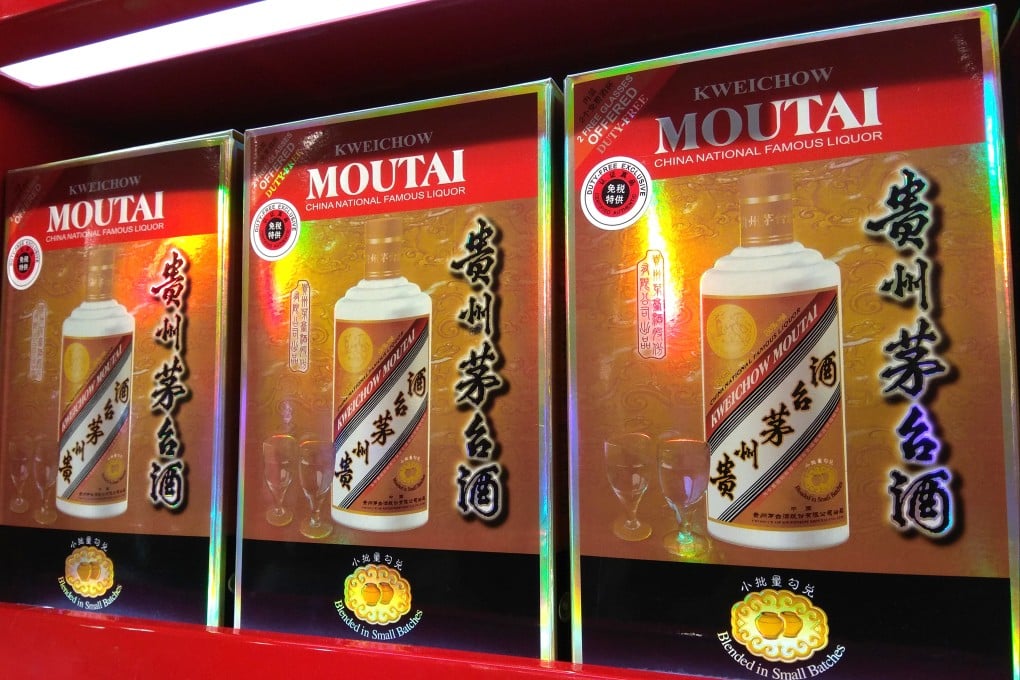 Moutai on store shelf. Moutai is a brand of baijiu, a distilled Chinese liquor, made in the town of Maotai in China’s Guizhou province. Photo: Shutterstock