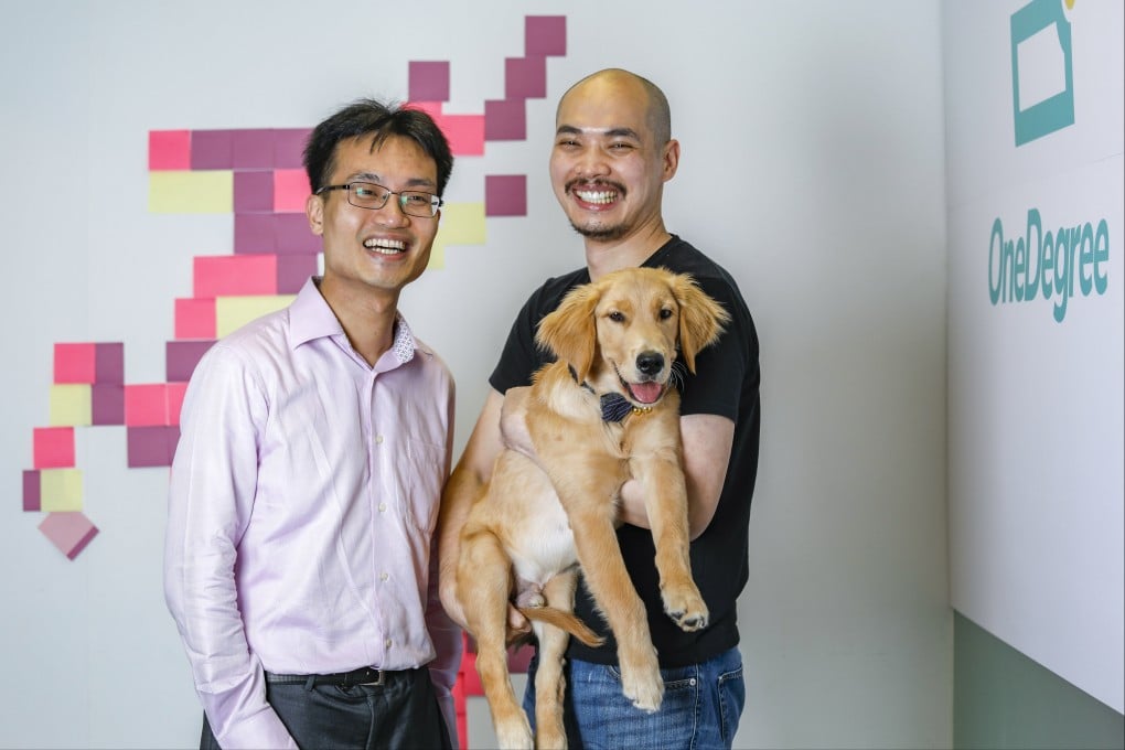 Chief Executive Officer at fintech company One Degree, Alvin Kwock Yin-lun (left) and Co-founder Chief Insurance Officer at One Degree, Alex Leung Te-yuan (right) at Westley Square in Kwun Tong. Photo: Tory Ho
