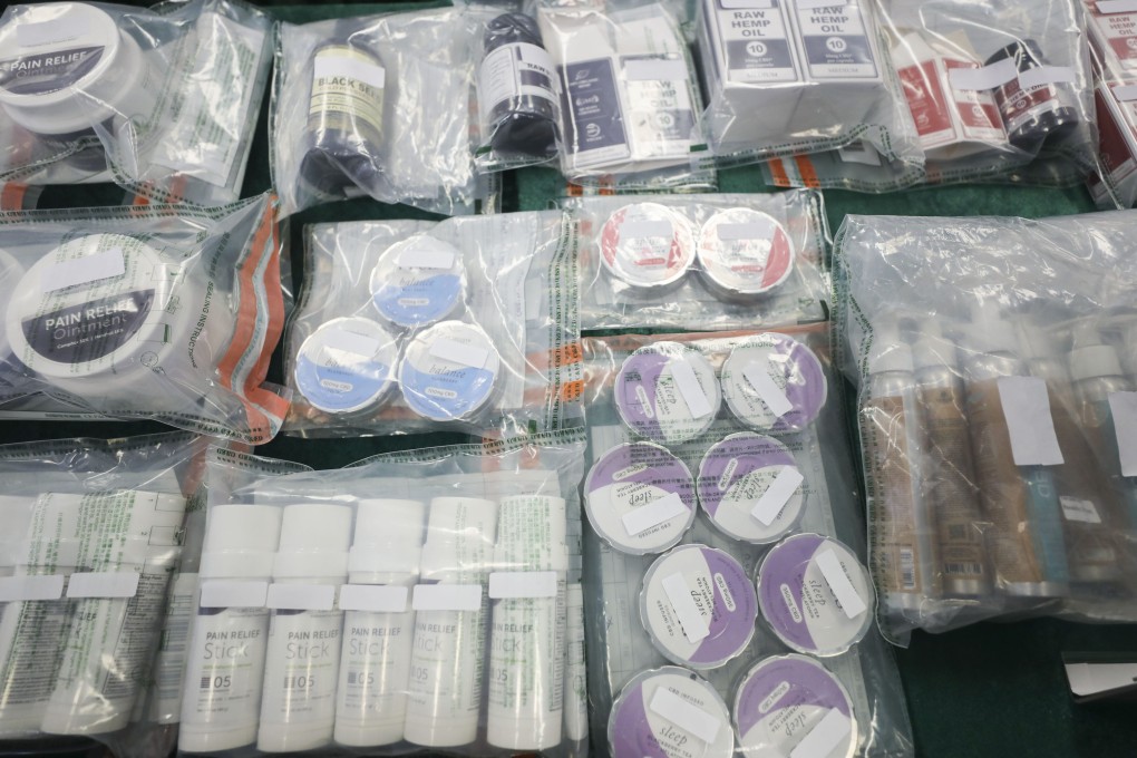 Examples of cannabidiol products are displayed at a press conference on January 27, at the headquarters of the Hong Kong Customs and Excise Department in North Point. Photo: Xiaomei Chen