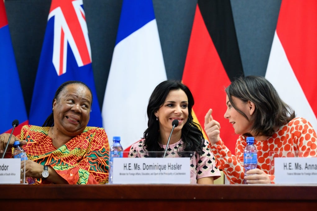 Female foreign ministers, including Germany’s Annalena Baerbock (right), talk at a press conference after a meeting in Mongolia on Thursday. Photo: dpa